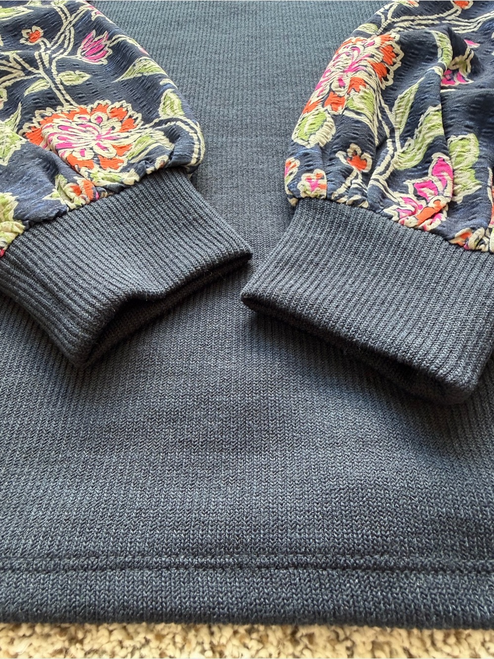 THML Sz XS Navy Floral Puff Sleeve Rib Knit Top Mock Neck Boho Cottagecore - Picture 8 of 11